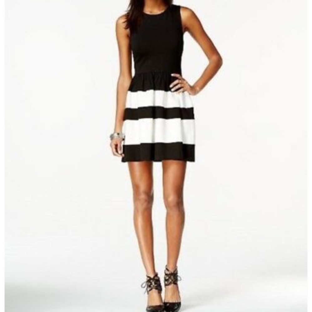 NWOT Bar III Black and Tan Striped A Line Dress